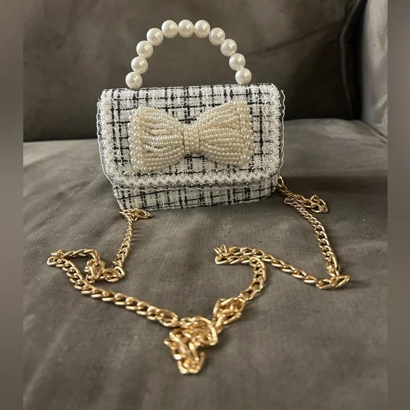 NEW Micro Mini Bag Navy Blue White Tweed Pearl Bow Pearl Top Handle Two-Way - Picture 3 of 12